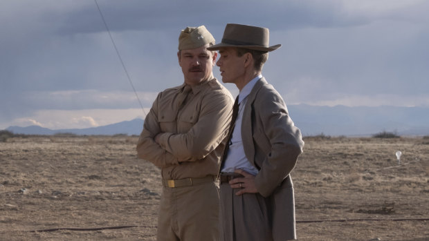 Matt Damon as General Leslie Groves, left, and Cillian Murphy as J. Robert Oppenheimer in Oppenheimer.