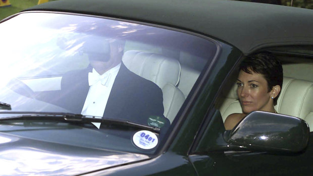 British socialite Ghislaine Maxwell, driven by Prince Andrew, leaves the wedding of a former girlfriend of the prince, Aurelia Cecil, in England in 2000.