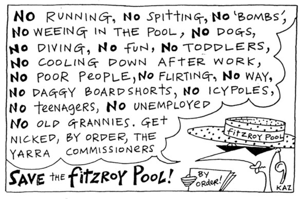 Kaz Cooke cartoon from the Save The Fitzroy Pool campaign in 1994.
