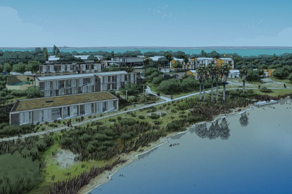Artist’s impression of the proposed Rottnest Island Lodge from Garden Lake. 