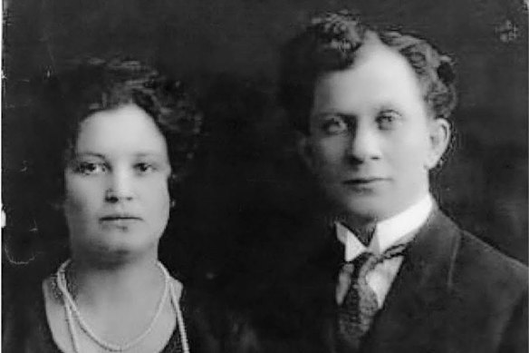 Gabi Kaltmann’s great-grandparents Rachel and David Miller in 1927, on the day of their wedding at East Melbourne Hebrew Congregation, the synagogue targeted in an arson on Friday night.
