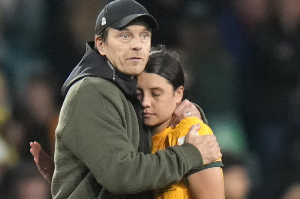 Coach Tony Gustavsson and captain Sam Kerr react to the Matildas’ loss.