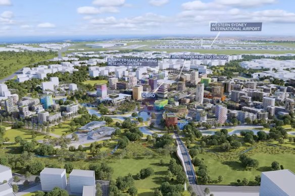 An early conceptual drawing of what the Bradfield city centre could look like. From a video by the Western Parklands City Authority.