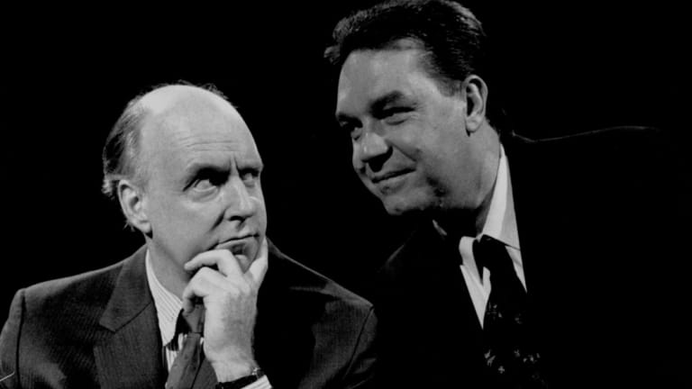 John Clarke and Bryan Dawe in 1992.