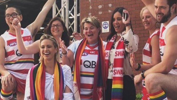 Jesinta Franklin gearing up for the Sydney Swans float at Mardi Gras.