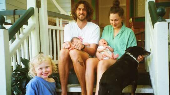 Swans ruckman Tom Hickey with son Lou, wife Chloe and six month old twins Olive and Delma.