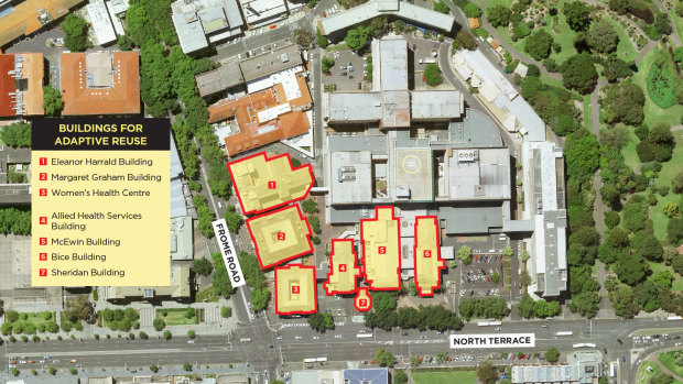 Seven heritage buildings on the old Royal Adelaide Hospital site are being retained as a centrepiece of redevelopment. 
