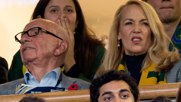 Murdoch and Hall at the Rugby World Cup Final match between New Zealand and Australia at Twickenham Stadium in October 2015.