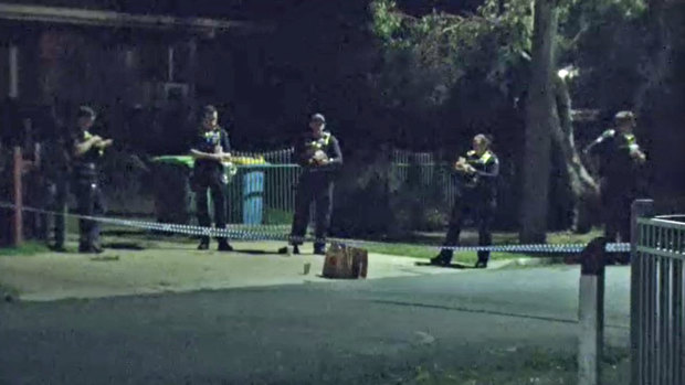 Police at the scene in Deane Court, Shepparton, on Sunday.