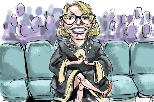 In the front row: Melbourne Lord Mayor Sally Capp prepares for Melbourne Fashion Week. Illustration: Joe Benke