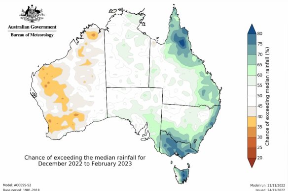 A map showing the chances of rainfall above the median over summer.