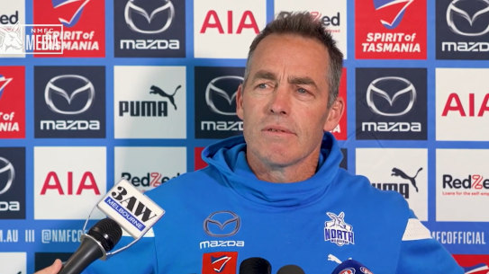 North Melbourne coach Alastair Clarkson addresses the media on Thursday.