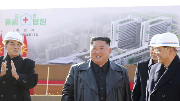 North Korean leader Kim Jong-un at the ground-breaking ceremony for a new  hospital in Pyongyang.
