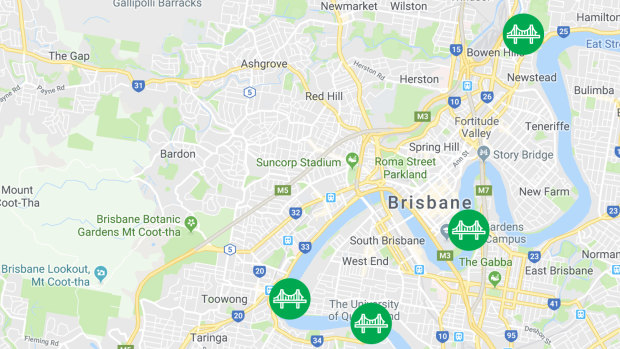 The new green bridges include the already announced Kangaroo Point to CBD river crossing, as well as Toowong to West End, St Lucia to West End, Breakfast Creek and Bellbowrie (not pictured).