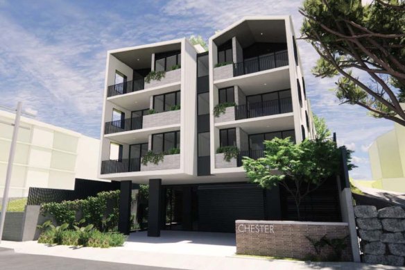 Sarina Russo’s plans for a four-storey unit complex at 147 Gladstone Road, Highgate Hill, shown from the Chester Street frontage.