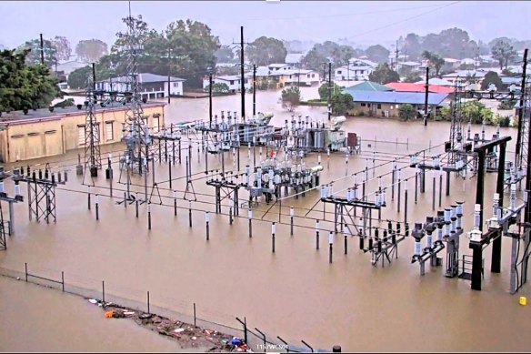 A flooded substation in Ingham on Monday.