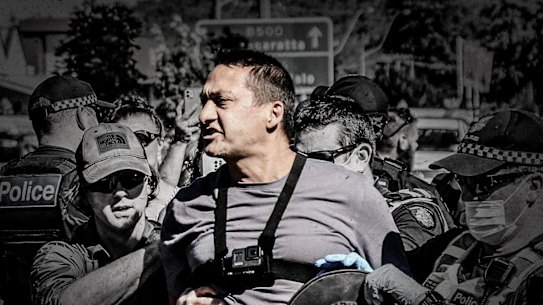 Police arrested Dezi Freeman outside the Myrtleford court in 2021.