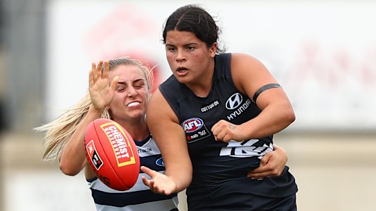 Carlton’s Madison Prespakis is challenged by Geelong’s Amy McDonald. The AFLW fixture has been changed.