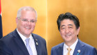 Scott Morrison and Shinzo Abe at the G20 in Japan in 2019