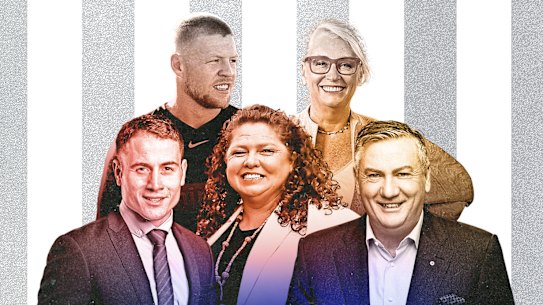 Collingwood identities (clockwise from back left) Jordan De Goey, Sally Capp, Eddie McGuire, Jodie Sizer and Paul Licuria.