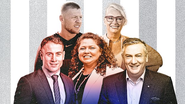 Collingwood identities (clockwise from back left) Jordan De Goey, Sally Capp, Eddie McGuire, Jodie Sizer and Paul Licuria.