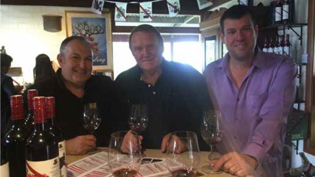 Former Liberal MPs Nigel Hallett and Phil Edman at the 2016 wine trip in Adelaide with former Shooters, Fishers, and Farmers MP Rick Mazza.