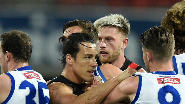 Dylan Shiel during Essendon's win over the Roos. 