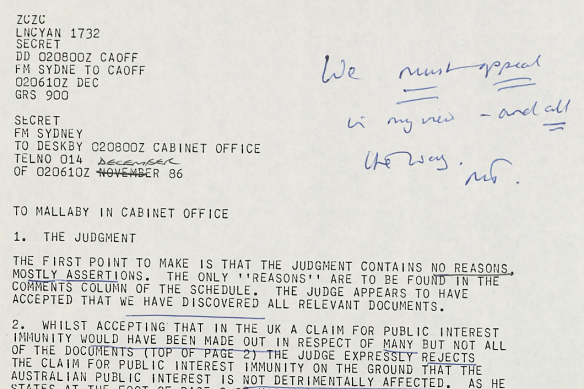 British government document with a note from then prime minister Margaret Thatcher.