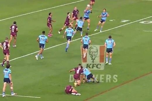 Jake Friend (bottom of frame) stayed down as he tried to pressure Nathan Cleary in the same set.