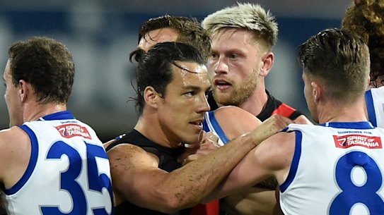 Dylan Shiel during Essendon's win over the Roos. 