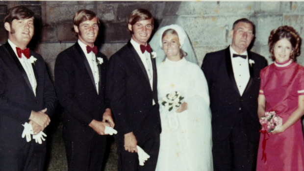 Chris and Lynette Dawson on their wedding day. His twin brother Paul is at left.