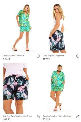 Screen shots show plus-size items at Peter Alexander cost an extra $10 compared to identical items in regular sizes. 