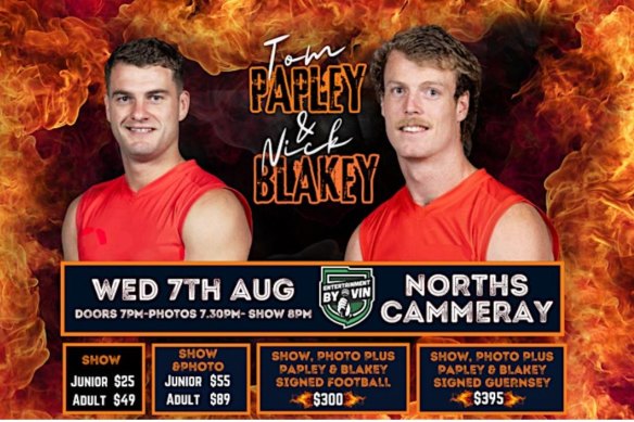 A flyer for the ‘Tom Papley and Nick Blakey’ night at Norths Cammeray.