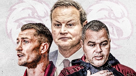 Masculine president and co-owner Scott Penn (center) with current and past coaches Kieran Foran and Anthony Seibold.