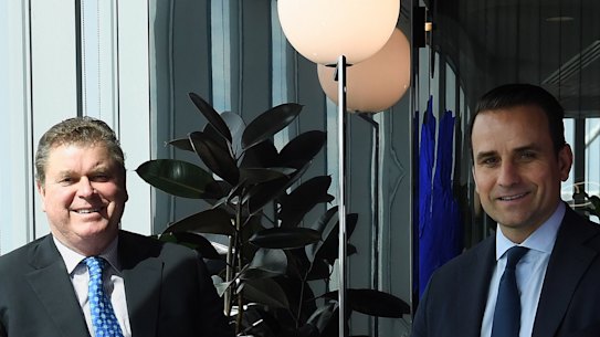 Centuria joint managing directors John McBain (left) and Jason Huljich (right) in their offices in the Sydney CBD.