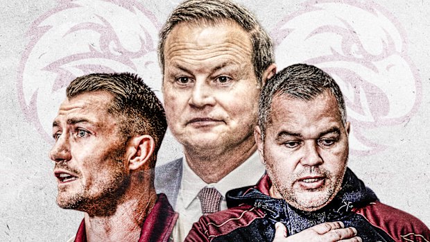 Manly chairman and co-owner Scott Penn (centre) with present and past coaches Kieran Foran and Anthony Seibold.