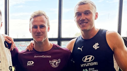 Carlton’s Charlie Curnow (left) and Patrick Cripps (right) with Sea Eagles pair Josh Schuster and Daly Cherry-Evans.