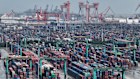 Export containers piled up at the foreign trade terminal of Shanghai Port this week. 