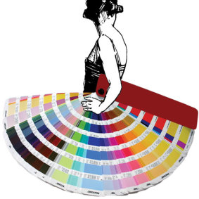 Illustration of a girl wearing a Pantone colour swatch.