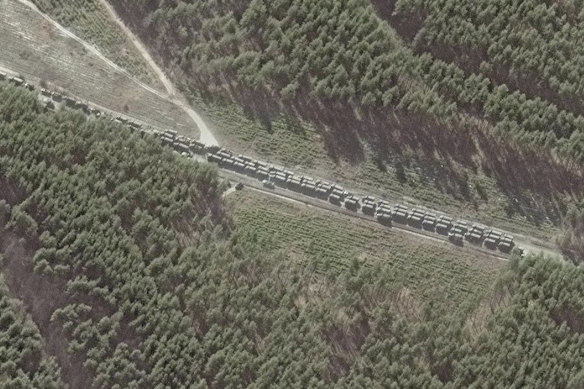 The northern end of a convoy of Russian vehicles southeast of Ivankiv, Ukraine.
