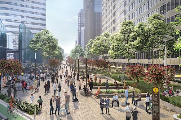 An artist’s impression of what Miller Street in North Sydney would look like closed to traffic.