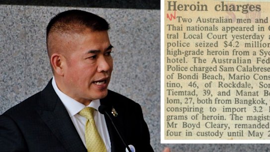 Thai minister Thammanat Prompao and a 1993 Sydney Morning Herald clipping about his arrest in Sydney.