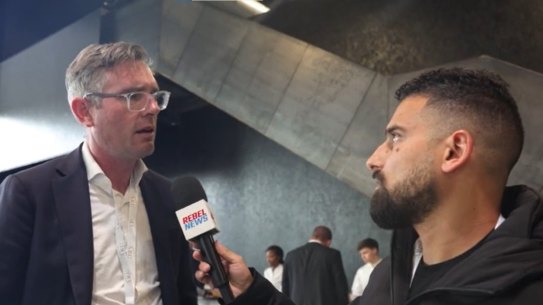 Dominic Perrottet during an interview with far right figure Avi Yemini in London