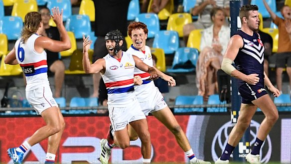 Unleashed: Caleb Daniels celebrates after scoring a goal during the Western Bulldogs' crucial win over Fremantle.