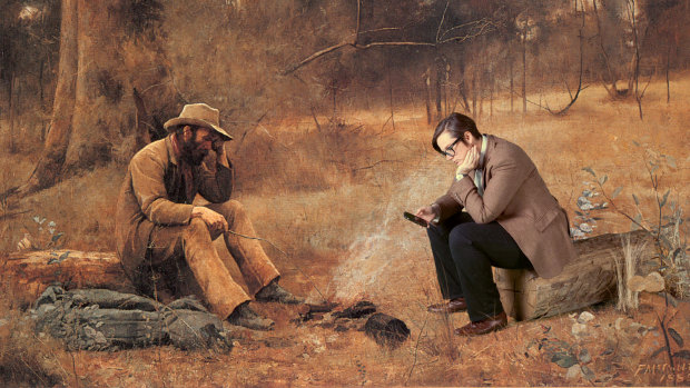 Gadsby in a recreation of Frederick McCubbin’s painting "Down on His Luck" for a 2014 show promotion.