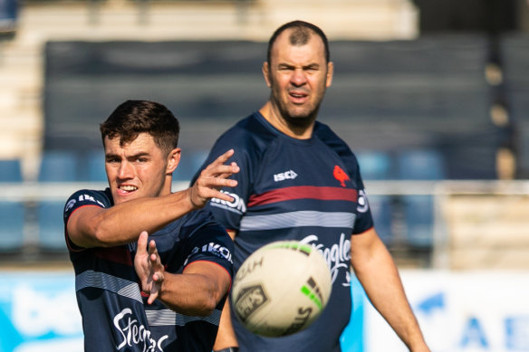 Cheika keeps a close eye on Roosters training in Barcelona as the premiers prepared for the World Club Challenge.