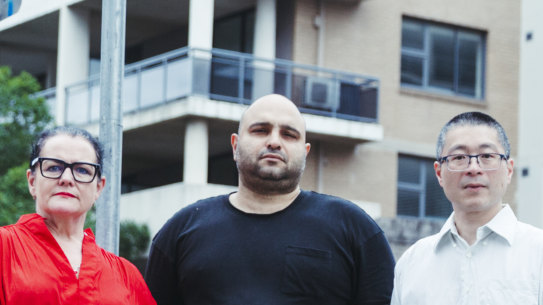 Mascot Towers residents Treacy Sheehan Anthony Najafian, and Alex Chan, outside the Mascot Tower apartments,