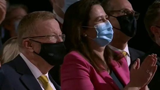 Queensland Premier Annastacia Palaszczuk, and John Coates (left), at the Toyko event that confirmed Brisbane as host of the 2032 Olympics. 