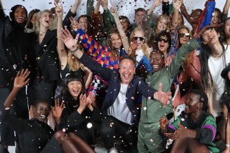 Retiring chief executive Graeme Lewsey with models backstage at the 2019 Melbourne Fashion Festival.