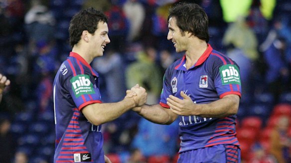 An 18-year-old Jarrod Mullen and his halves partner, Andrew Johns.